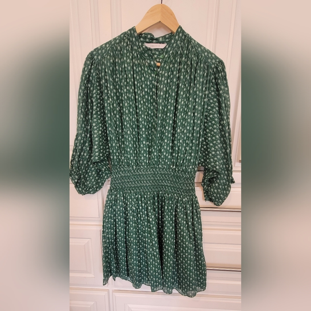Rebecca Taylor Green Printed Smocked-Waist Midi Dress